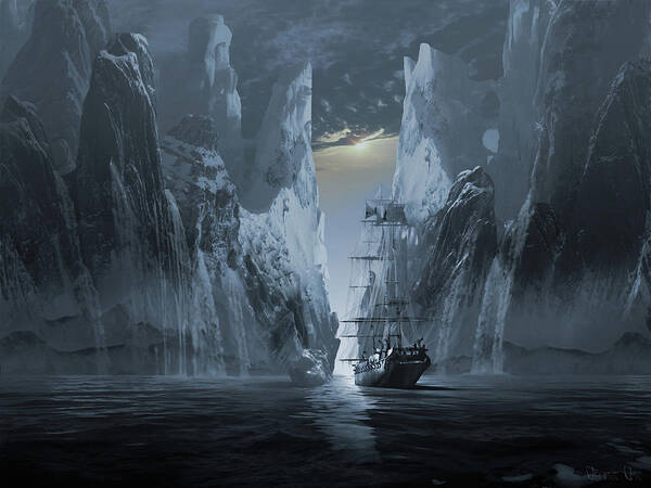Iceberg Mountain Snow Arctic Ghost Ships Phantom Snowcaps Boat Supernatural Art Print featuring the digital art Ghost ship series The lost expedition by George Grie