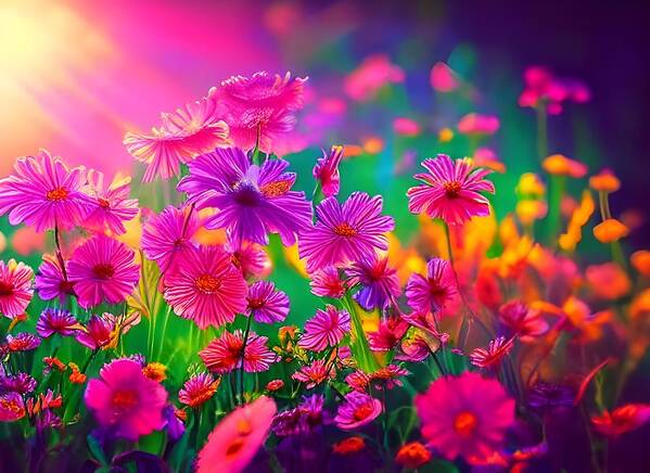 Digital Art Print featuring the digital art Glowing Pink Flowers by Beverly Read