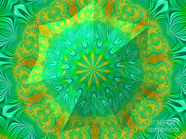 Green And Orange Fractal Kaleidoscope Mandala Star Under Glass Abstract Art Print featuring the digital art Green and Orange Fractal Kaleidoscope Mandala Star Under Glass Abstract by Rose Santuci-Sofranko