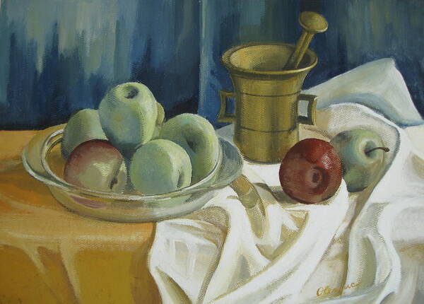 Still Life Art Print featuring the painting Green apples by Elena Oleniuc