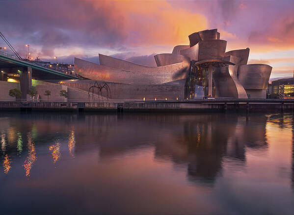 Guggenheim Art Print featuring the photograph Guggenheim Bilbao Sunset by Linda Villers