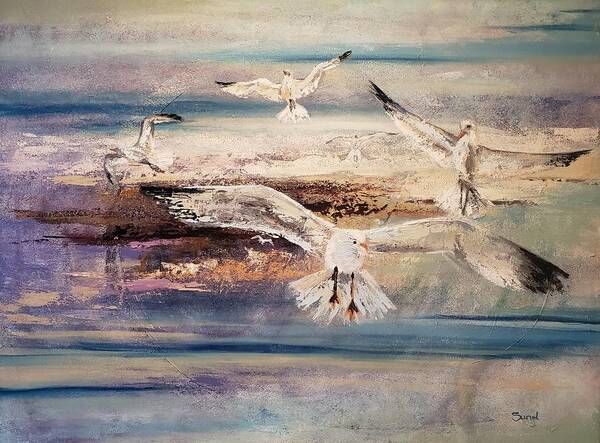 Sea Gulls Art Print featuring the painting Gulls by Sunel De Lange