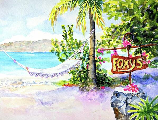 Beach Art Print featuring the painting Hammock on Beach at Foxy's by Carlin Blahnik CarlinArtWatercolor