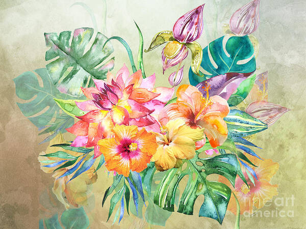 Orange Hibiscus Art Print featuring the digital art Hawaiian Hibiscus and Monstera by J Marielle