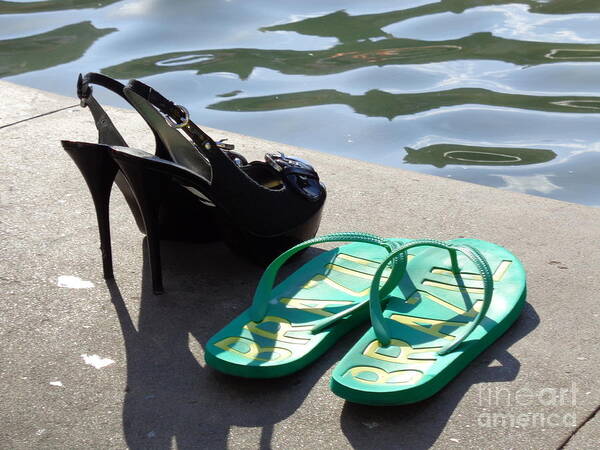 Shoe Art Print featuring the photograph High Heels vs. Bathing Slippers by Thomas Schroeder