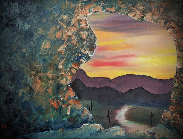 Sunset Art Print featuring the painting Hole in the Rock by Evelyn Snyder