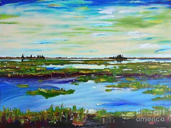 Wetlands Art Print featuring the painting Hood Canal 2 Painting wetlands summer puget sound blue green acrylic painting art artwork background beautiful blue colorful design flowers forest grass green illustration lake landscape natural by N Akkash