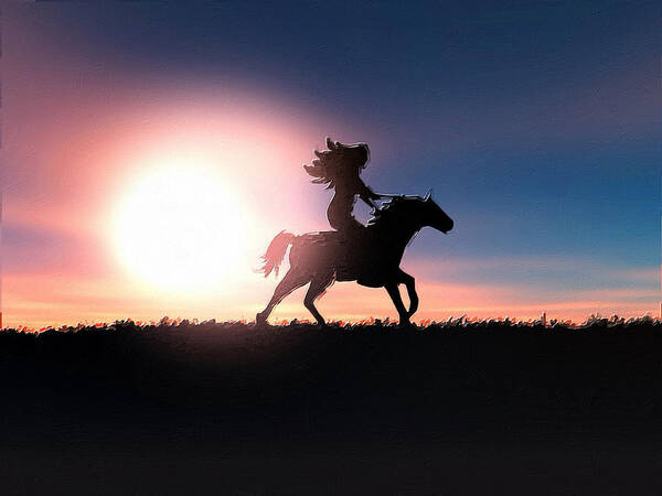 Horse Art Print featuring the painting Horse Rider Sunset The West by Tony Rubino