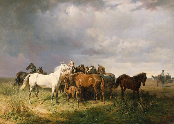 Franz Adam Art Print featuring the painting Horses in the Puszta by Franz Adam