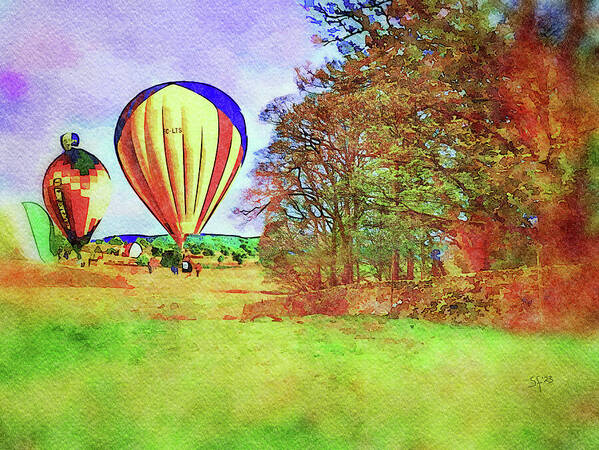 Hot Air Balloons Art Print featuring the digital art Hot Air Balloons in the English Countryside Watercolor Painting by Shelli Fitzpatrick