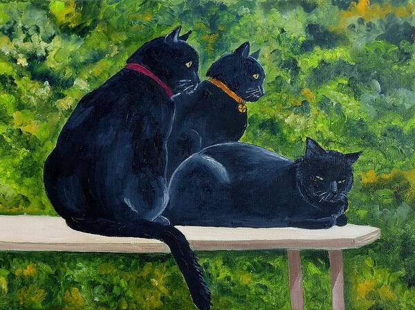 Trio Of Cats Art Print featuring the painting House Panthers by Julie Brugh Riffey