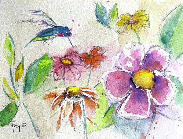 Watercolor Art Print featuring the painting Hummingbird in the Garden by Roxy Rich