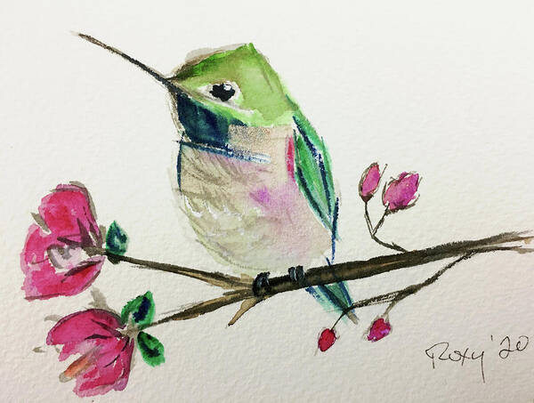 Hummingbird Art Print featuring the painting Hummingbird on Cherry Blossoms by Roxy Rich