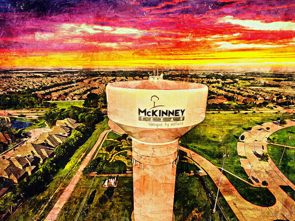Water Tower Art Print featuring the digital art Iconic water tower in western McKinney, Texas, at sunset by Nicko Prints