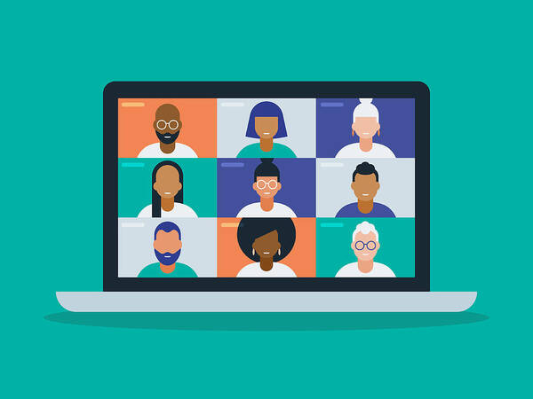Diversity Art Print featuring the drawing Illustration of a diverse group of friends or colleagues in a video conference on laptop computer screen by RLT_Images