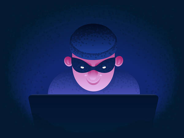 Internet Art Print featuring the drawing Internet fraud. Hacker behind a laptop monitor. Phishing and online surveillance. Identity theft and hacking of bank by Aleksey-martynyuk