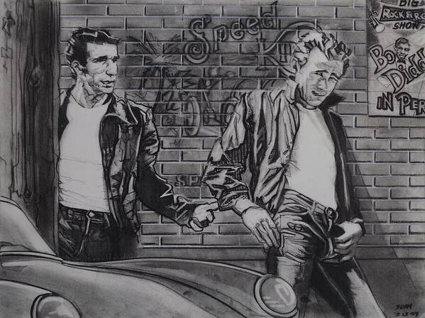 Charcoal Pencil On Paper Art Print featuring the drawing James Dean Meets The Fonz by Sean Connolly
