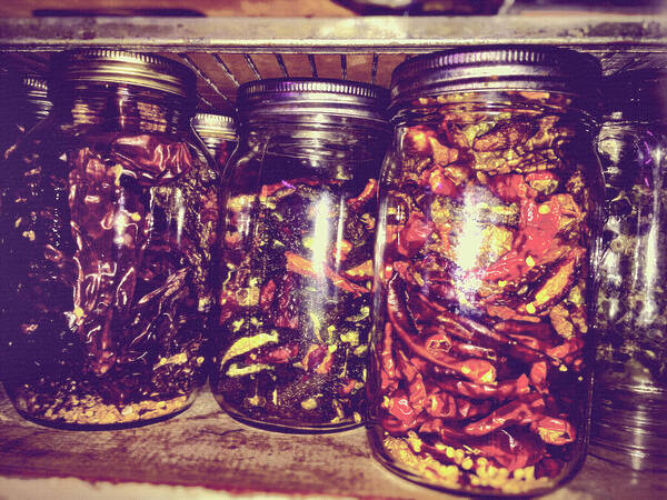 Mason Jars Art Print featuring the mixed media Jars of Dried Peppers Vintage Style by Shelli Fitzpatrick