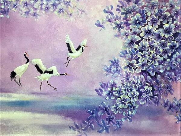 Cranes Art Print featuring the painting Joyful Dance by Vina Yang