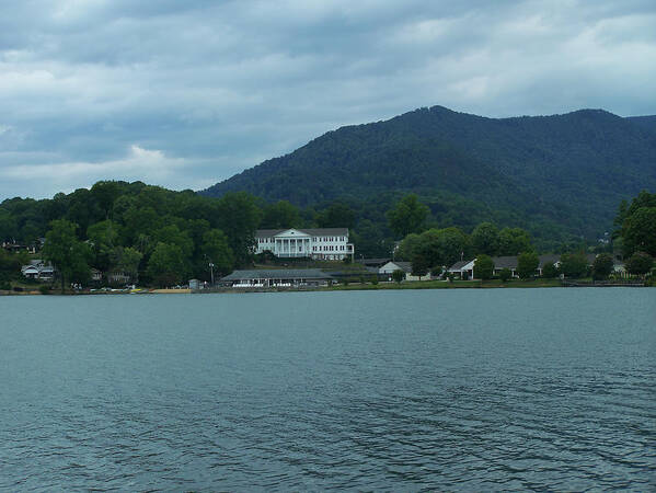 Scenic Art Print featuring the photograph Lake Junaluska mansion and mountains by Flees Photos