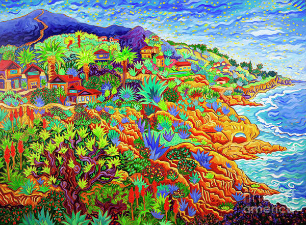 Ocean Art Print featuring the painting Land of a Thousand Golden Suns by Cathy Carey