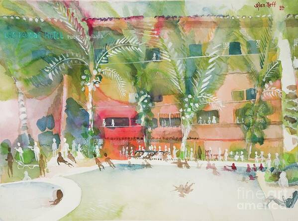 #laspalmas #palmas #hotel #pool #puertovallarta #mexico #glenneff Art Print featuring the painting Las Palmas Hotel Pool by Glen Neff