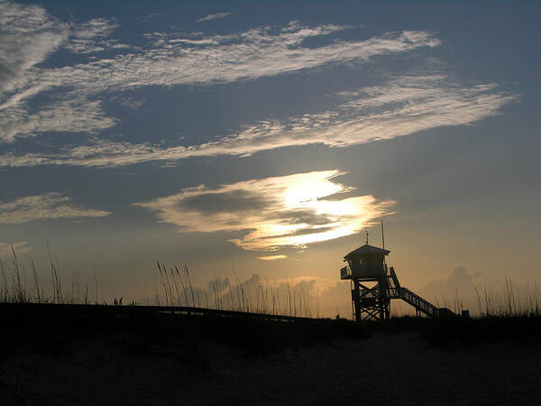 Photography Of The Beach Art Print featuring the photograph Lifeguard tower at dawn by Julianne Felton