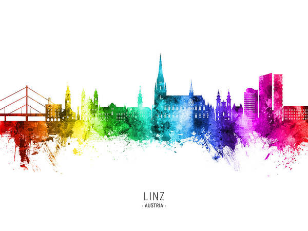 Linz Art Print featuring the digital art Linz Austria Skyline #56 by Michael Tompsett