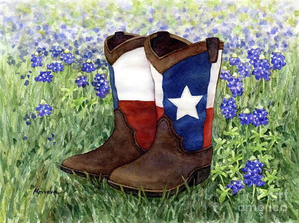 Boots Art Print featuring the painting Lone Star Boots in Bluebonnets by Hailey E Herrera