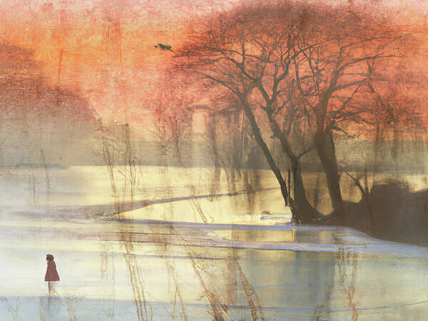 Winter Scene Art Print featuring the digital art Lone Winter Skating by Cathy Anderson