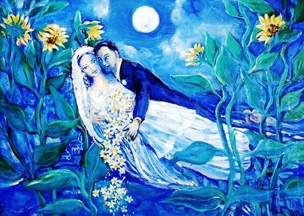 Young Lovers Art Print featuring the painting Lovers and Sunflowers .. after Chagall by Trudi Doyle