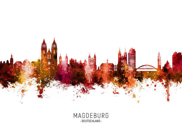 Magdeburg Art Print featuring the digital art Magdeburg Germany Skyline #09 by Michael Tompsett