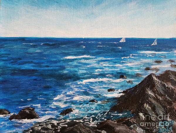 Blue. White Art Print featuring the painting Making Waves by the Cliff Walk, Newport, Rhode Island by C E Dill