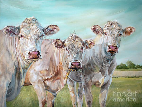 Cow Art Print featuring the painting Mavis in the Middle - 3 Cows Painting by Annie Troe