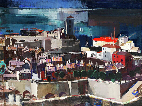 Aba Novk Art Print featuring the painting Mediterranean harbour town by Aba-Novak Vilmos - Hungarian painters by Aba-Novak Vilmos