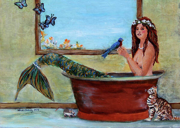 Mermaid Art Print featuring the painting Mermaid in Bathtub Spring Mermaid Painting by Linda Queally by Linda Queally