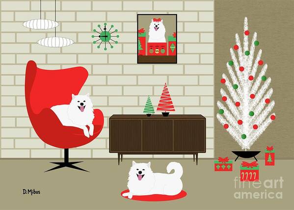 Mid Century Dog Art Print featuring the digital art Mid Century Christmas Room Two White Dogs by Donna Mibus