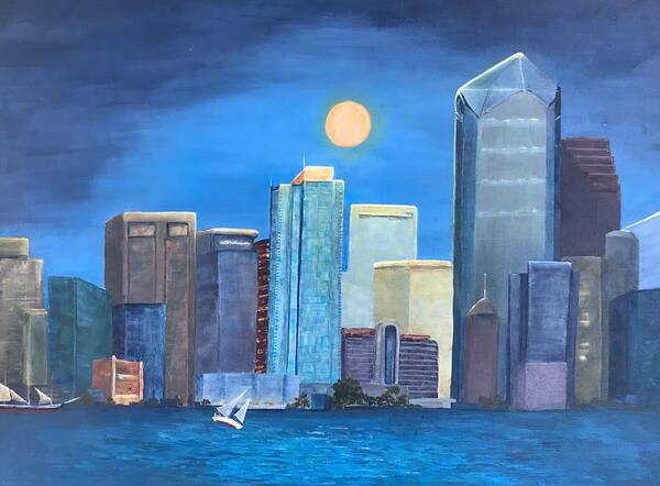 City Art Print featuring the painting Moon and Skyline by Deborah Naves