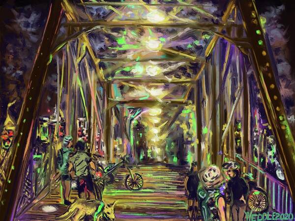 Cycling Art Art Print featuring the digital art Night Ride, Hays Street Bridge by Angela Weddle