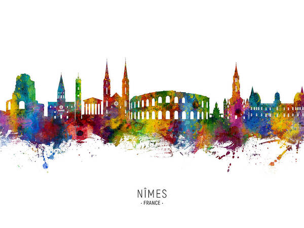 Nîmes Art Print featuring the digital art NImes France Skyline #10 by Michael Tompsett