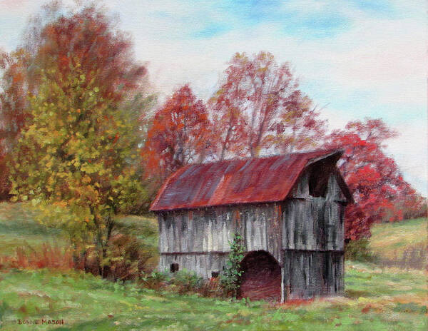 Barn Art Print featuring the painting Off the Beaten Track-old barn with red roof by Bonnie Mason