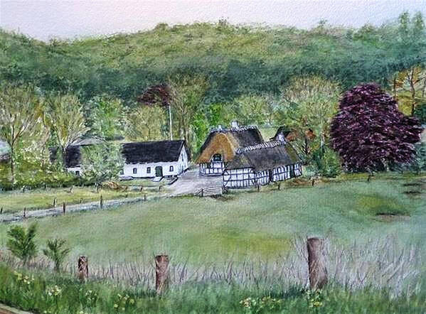 Landscape In Denmark Art Print featuring the painting Old Danish Farm House by Kelly Mills