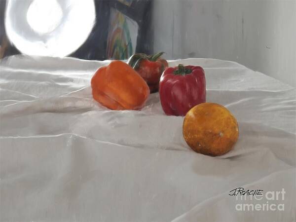 Bell Peppers Art Print featuring the digital art Orange and Bell Peppers. by Joe Roache