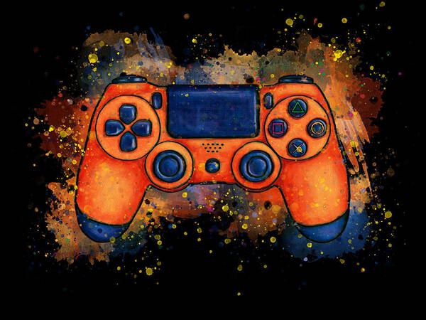 Gaming Art Print featuring the painting Orange game controller splatter art, gaming by Nadia CHEVREL