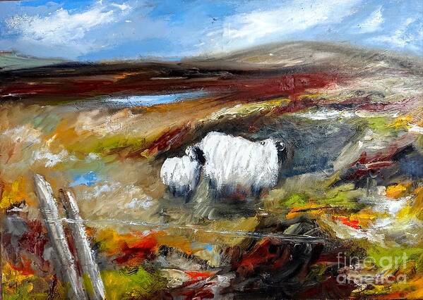 Connemara Sheep Art Print featuring the painting Painting of connemara sheep by the lakes of connemara by Mary Cahalan Lee - aka PIXI