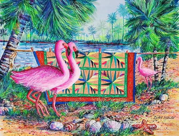 Palm Quilt Art Print featuring the painting Palm Quilt Flamingos by Diane Phalen