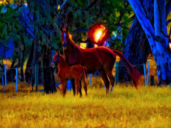 Horse Art Print featuring the mixed media Paris And Foal At Sunset by Joan Stratton