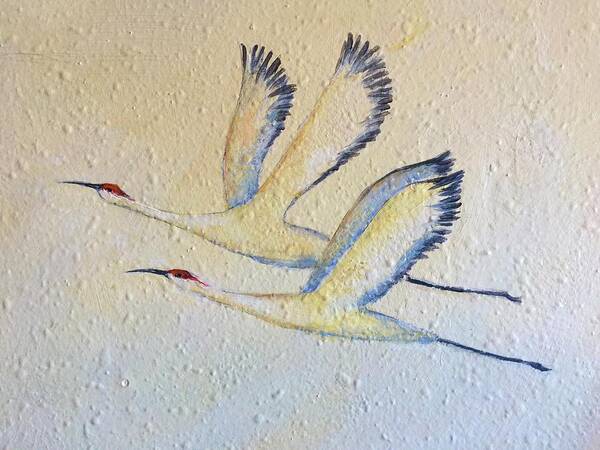 Cranes In Flight Art Print featuring the painting Partners for Life by Caroline Patrick