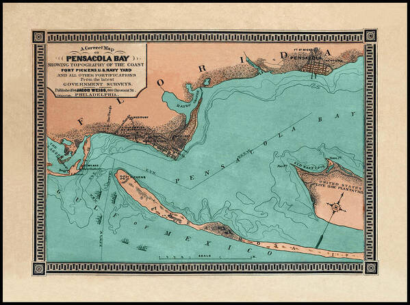 Florida Map Art Print featuring the photograph Pensacola Bay Florida Vintage Map 1860 by Carol Japp