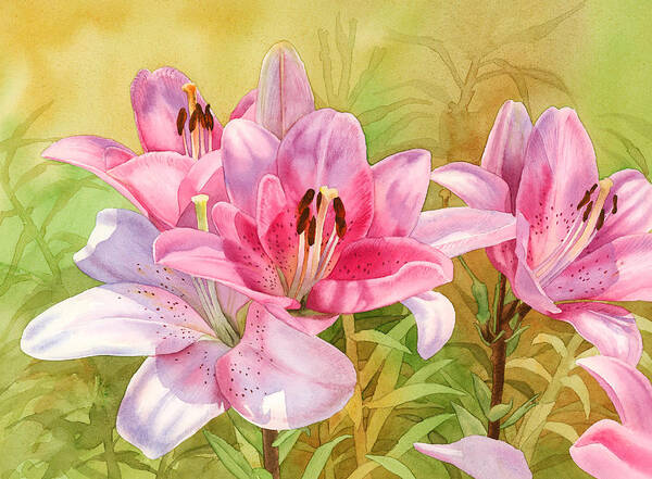 Pink Art Print featuring the painting Pink Lilies by Espero Art